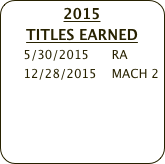 2015 
TITLES EARNED
     5/30/2015      RA
     12/28/2015    MACH 2     
    